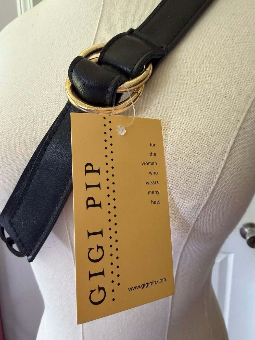 Gigi Pip Black Leather Belt Sling Bag with Gold Hardware - Picture 3 of 15